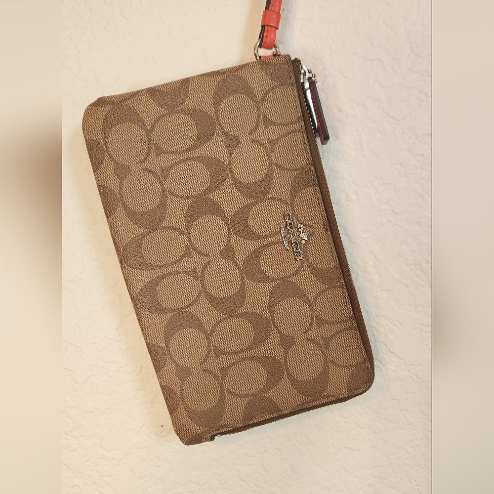 Coach Signature Double-Zip Clutch with Strap & Pockets Tan with Orange Interior